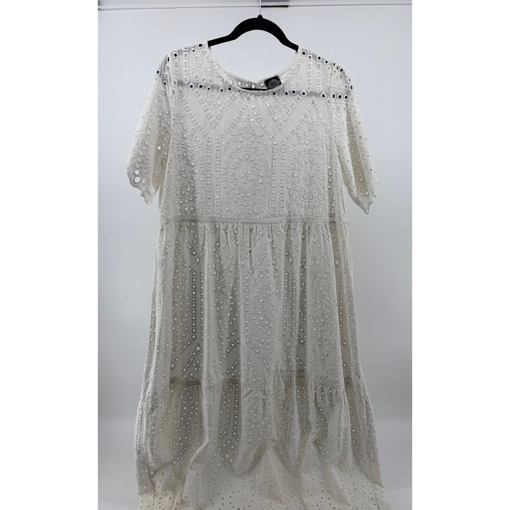 CalEyelet Embroidered Midi A-Line Dress White Cotton, SS, Women's Size L